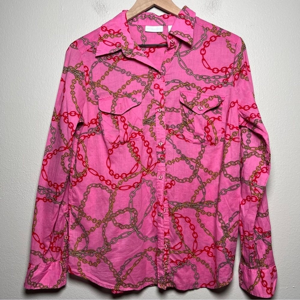 New York & Company Women‎ Button Down Top Medium Pink Equestrian Chains Country